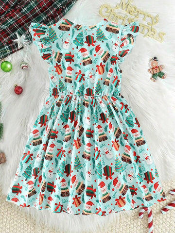 Girls Christmas Dress With Round Neck, Flared Hem, Shirred Waist And Christmas Elements, Casual Fashion Dress Suitable For Christmas Party
