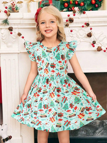 Girls Christmas Dress With Round Neck, Flared Hem, Shirred Waist And Christmas Elements, Casual Fashion Dress Suitable For Christmas Party