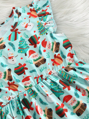 Girls Christmas Dress With Round Neck, Flared Hem, Shirred Waist And Christmas Elements, Casual Fashion Dress Suitable For Christmas Party