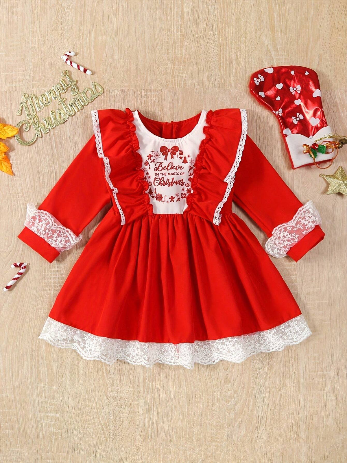 Girls' Christmas Dress, Young Girl Long Sleeve Letter Print Lace Red Cute Christmas Dress