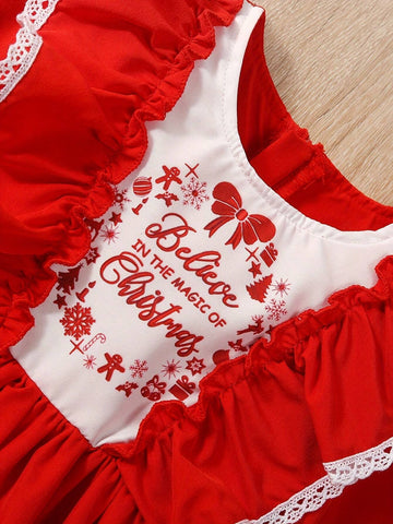 Girls' Christmas Dress, Young Girl Long Sleeve Letter Print Lace Red Cute Christmas Dress