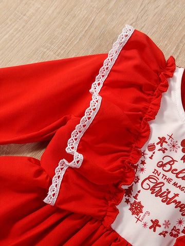Girls' Christmas Dress, Young Girl Long Sleeve Letter Print Lace Red Cute Christmas Dress