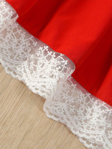 Girls' Christmas Dress, Young Girl Long Sleeve Letter Print Lace Red Cute Christmas Dress