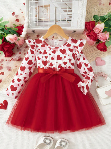 Girls Christmas Elegant Red Long Sleeve Dress With Refined Christmas Print And Mesh Fabric, Comfortable And Breezy For Winter Days, Includes Waist Tie Belt