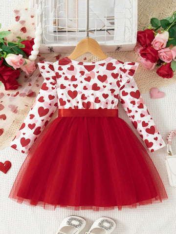 Girls Christmas Elegant Red Long Sleeve Dress With Refined Christmas Print And Mesh Fabric, Comfortable And Breezy For Winter Days, Includes Waist Tie Belt