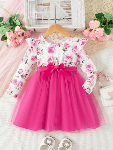 Girls Christmas Elegant Red Round Neck Long Sleeve Delicate Christmas Print Mesh Fabric Comfortable Dress + Waist Belt
