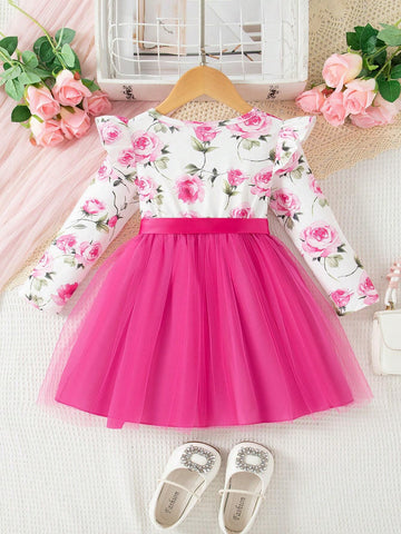 Girls Christmas Elegant Red Round Neck Long Sleeve Delicate Christmas Print Mesh Fabric Comfortable Dress + Waist Belt