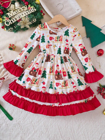 Girls Christmas Element Print Bell Sleeve Patchwork Hem Dress, Autumn & Winter