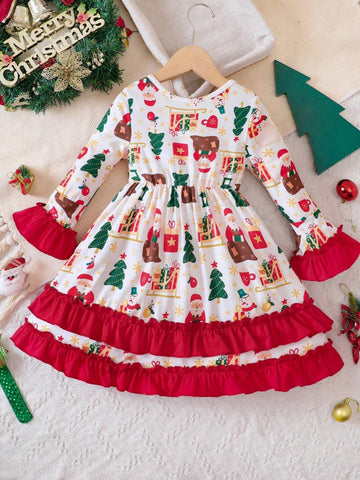 Girls Christmas Element Print Bell Sleeve Patchwork Hem Dress, Autumn & Winter