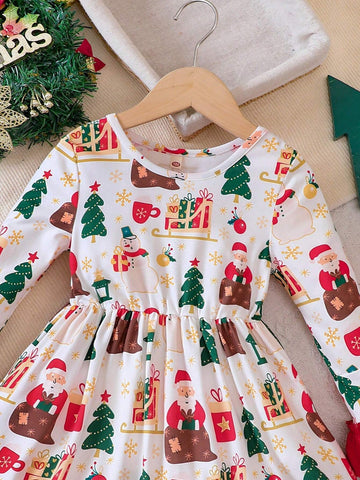 Girls Christmas Element Print Bell Sleeve Patchwork Hem Dress, Autumn & Winter