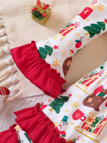 Girls Christmas Element Print Bell Sleeve Patchwork Hem Dress, Autumn & Winter