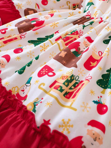 Girls Christmas Element Print Bell Sleeve Patchwork Hem Dress, Autumn & Winter