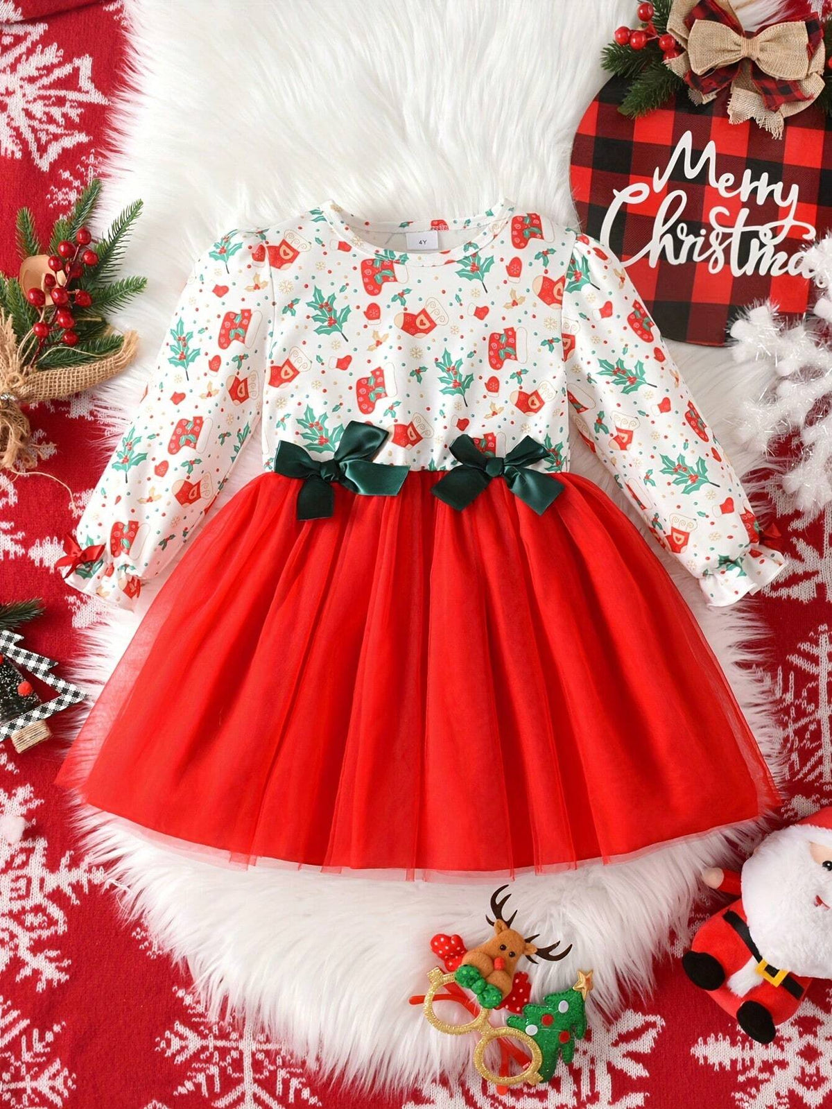 Girls' Christmas Element Printed Long Sleeve Bow Mesh Dress, Casual Outdoor Skirt