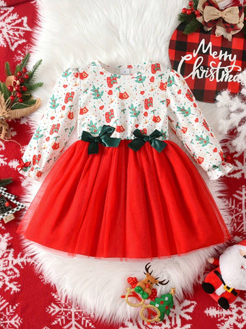 Girls' Christmas Element Printed Long Sleeve Bow Mesh Dress, Casual Outdoor Skirt