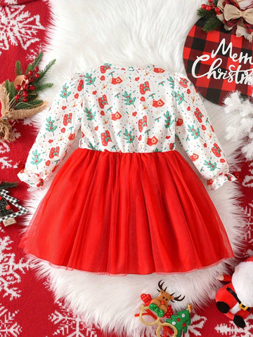 Girls' Christmas Element Printed Long Sleeve Bow Mesh Dress, Casual Outdoor Skirt