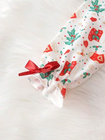 Girls' Christmas Element Printed Long Sleeve Bow Mesh Dress, Casual Outdoor Skirt