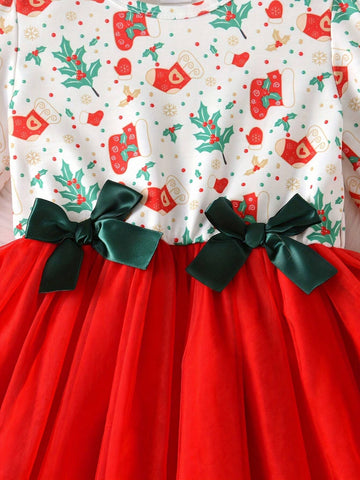 Girls' Christmas Element Printed Long Sleeve Bow Mesh Dress, Casual Outdoor Skirt