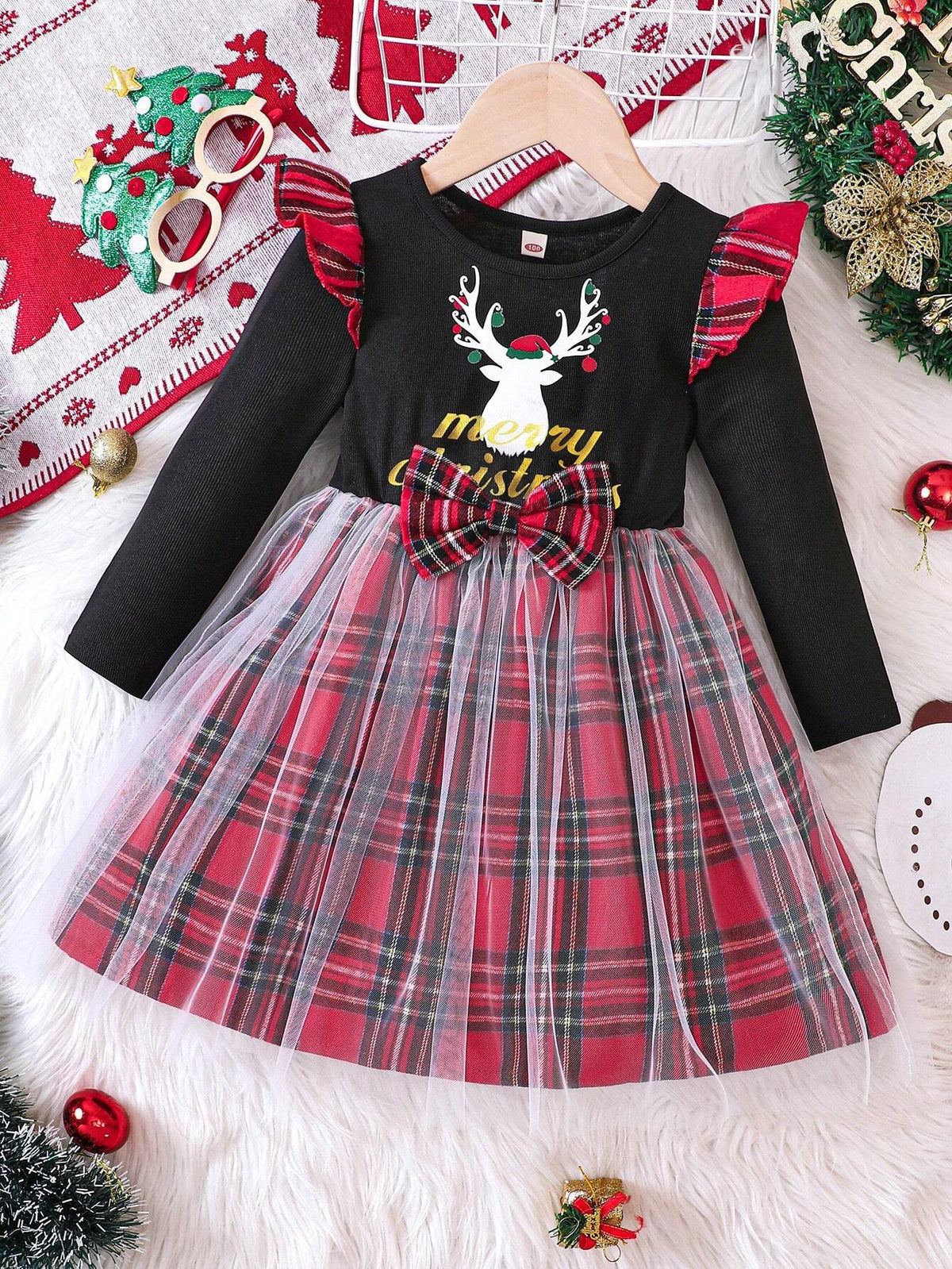 Girls' Christmas Elk Printed Plaid Patchwork Mesh Splice Long Sleeve Dress, Autumn/Winter