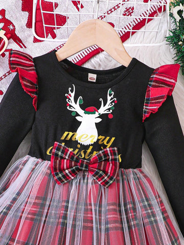 Girls' Christmas Elk Printed Plaid Patchwork Mesh Splice Long Sleeve Dress, Autumn/Winter