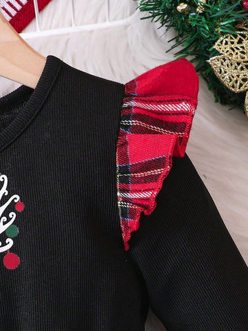Girls' Christmas Elk Printed Plaid Patchwork Mesh Splice Long Sleeve Dress, Autumn/Winter