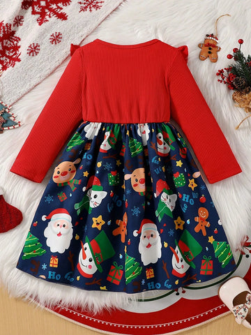 Girls Christmas Fashionable Street Style Frill Trim Waist Fitted Long Sleeve Round Neck Christmas Element Printed Dress, Autumn Winter