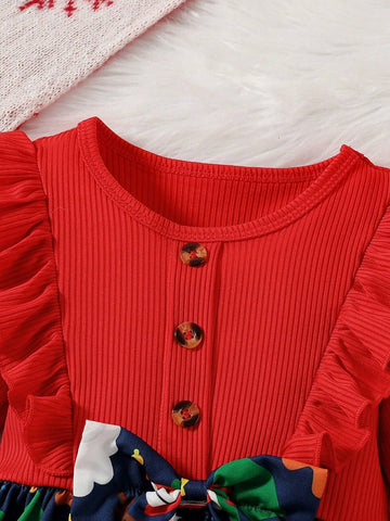 Girls Christmas Fashionable Street Style Frill Trim Waist Fitted Long Sleeve Round Neck Christmas Element Printed Dress, Autumn Winter