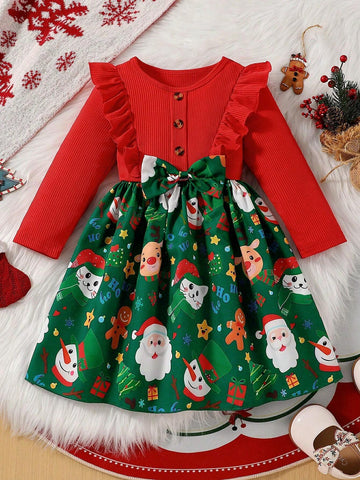 Girls' Christmas Fashionable Street Style Round Neck Long Sleeve Waist Ruffle Hem Christmas Element Printed Dress, Cute Cartoon Pattern, For Autumn & Winter