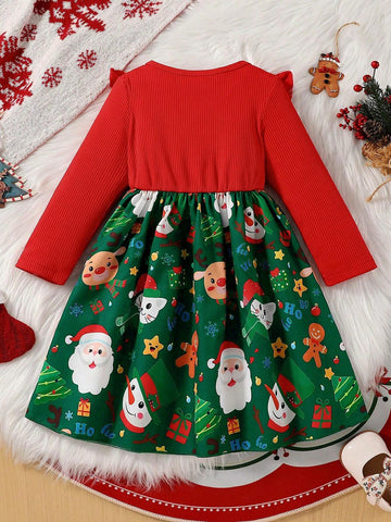 Girls' Christmas Fashionable Street Style Round Neck Long Sleeve Waist Ruffle Hem Christmas Element Printed Dress, Cute Cartoon Pattern, For Autumn & Winter