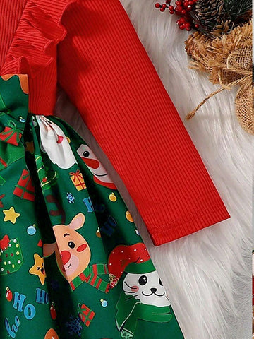 Girls' Christmas Fashionable Street Style Round Neck Long Sleeve Waist Ruffle Hem Christmas Element Printed Dress, Cute Cartoon Pattern, For Autumn & Winter