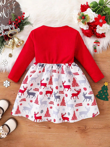 Girls Christmas Fashionable & Comfortable Dress, Young Girl Deer, Tree, Snowflake & Letter Full Print Long Sleeve Round Neck Dress