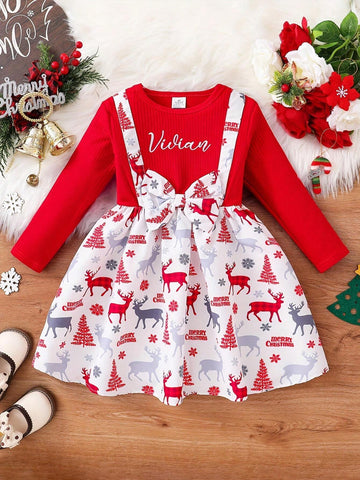 Girls Christmas Fashionable & Comfortable Dress, Young Girl Deer, Tree, Snowflake & Letter Full Print Long Sleeve Round Neck Dress