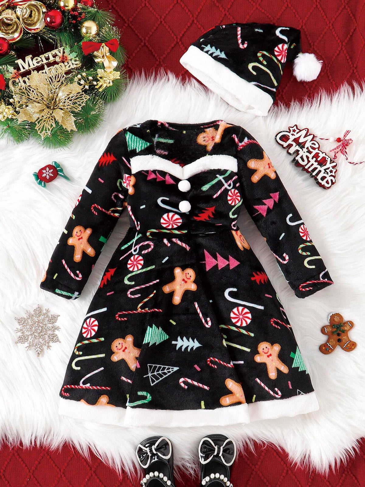 Girls Christmas Faux Fur Trim Plaid Print Contrast Hem Long Sleeve Dress With Matching Santa Hat, Casual Winter Christmas Outfit