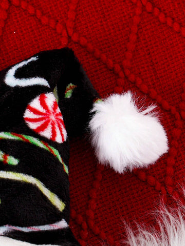 Girls Christmas Faux Fur Trim Plaid Print Contrast Hem Long Sleeve Dress With Matching Santa Hat, Casual Winter Christmas Outfit