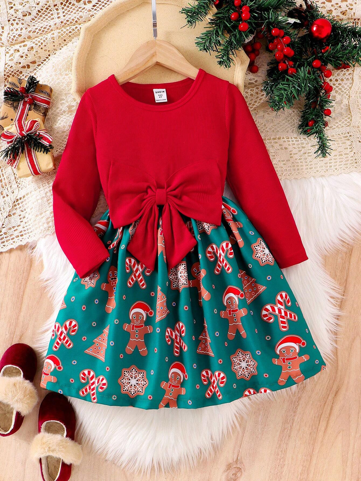 Girls' Christmas Gingerbread Man Print Patchwork Red Knitted Bow Tie Waist Dress, For Children Autumn