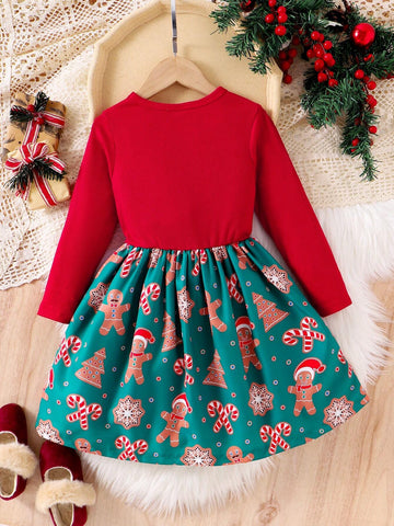 Girls' Christmas Gingerbread Man Print Patchwork Red Knitted Bow Tie Waist Dress, For Children Autumn