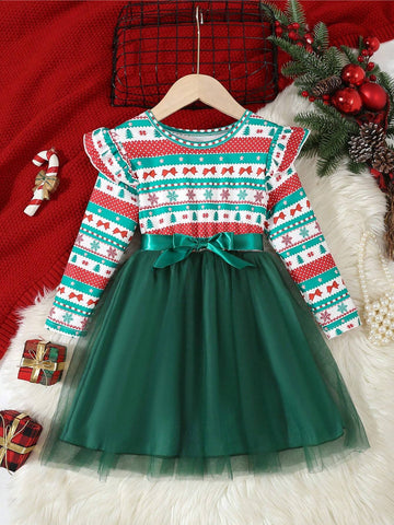 Girls Christmas Green Dress With Santa Tree, Bow, Snowflake Digital Print, Waist Belt, Green Mesh Skirt, Cute Casual Elegant Fashion Dress