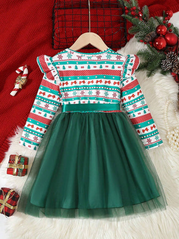 Girls Christmas Green Dress With Santa Tree, Bow, Snowflake Digital Print, Waist Belt, Green Mesh Skirt, Cute Casual Elegant Fashion Dress