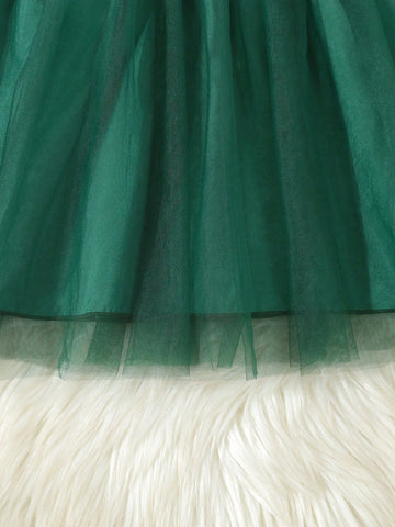 Girls Christmas Green Dress With Santa Tree, Bow, Snowflake Digital Print, Waist Belt, Green Mesh Skirt, Cute Casual Elegant Fashion Dress