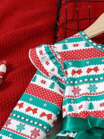 Girls Christmas Green Dress With Santa Tree, Bow, Snowflake Digital Print, Waist Belt, Green Mesh Skirt, Cute Casual Elegant Fashion Dress