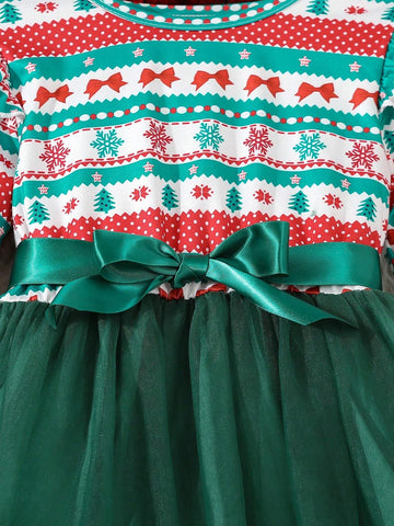 Girls Christmas Green Dress With Santa Tree, Bow, Snowflake Digital Print, Waist Belt, Green Mesh Skirt, Cute Casual Elegant Fashion Dress