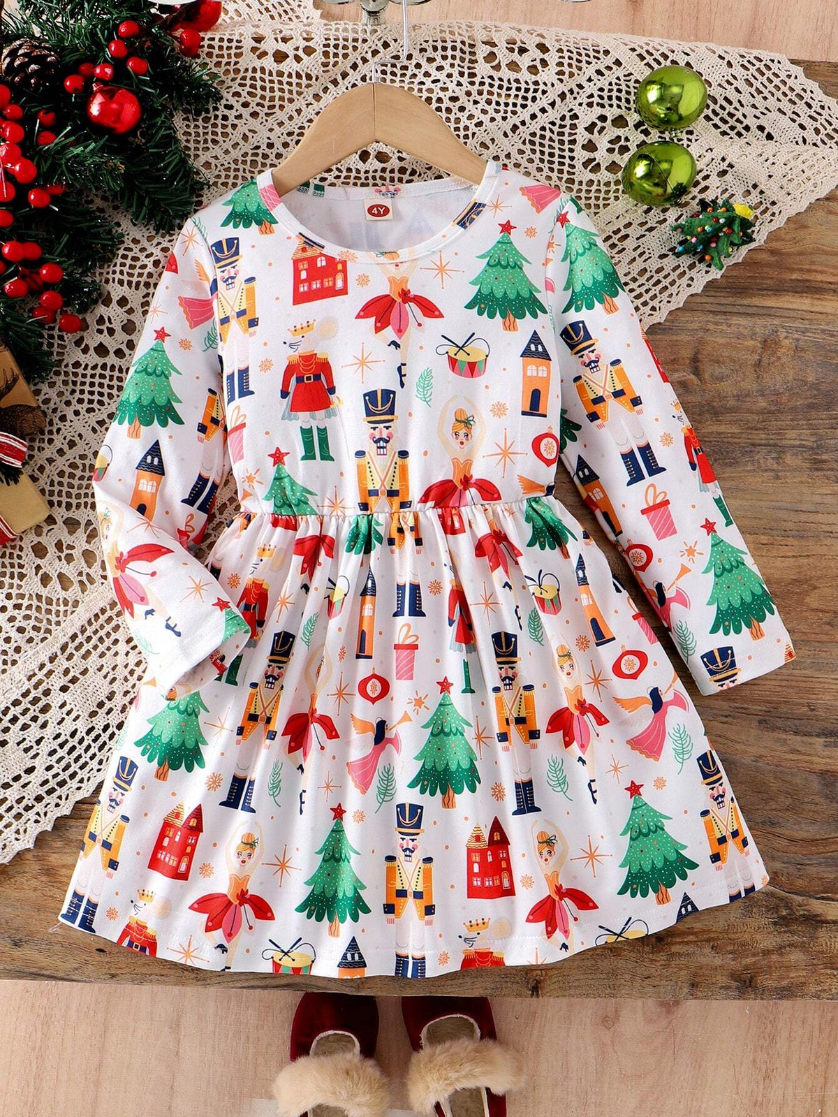 Girls' Christmas Holiday Dress With Happy Girl & Auspicious Pattern Knit Waist Long Sleeve Dress, Suitable For Autumn Casual Daily Wear