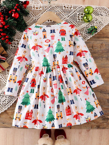 Girls' Christmas Holiday Dress With Happy Girl & Auspicious Pattern Knit Waist Long Sleeve Dress, Suitable For Autumn Casual Daily Wear