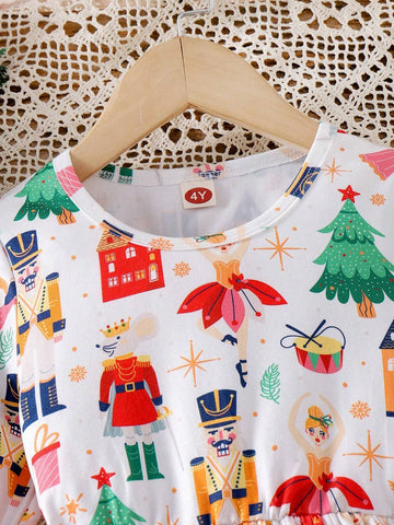 Girls' Christmas Holiday Dress With Happy Girl & Auspicious Pattern Knit Waist Long Sleeve Dress, Suitable For Autumn Casual Daily Wear