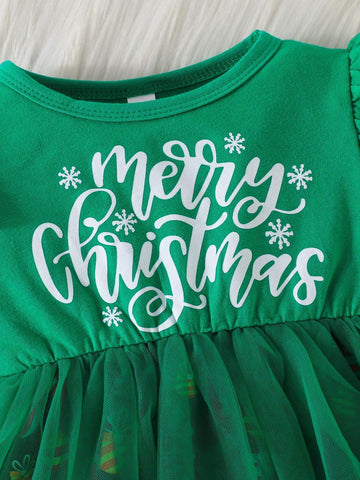 Girls Christmas Letter Print Mesh Hem Lantern Sleeve Shoulder Dress, Christmas Holiday Party Elegant Attire