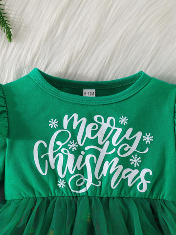 Girls Christmas Letter Print Mesh Hem Lantern Sleeve Shoulder Dress, Christmas Holiday Party Elegant Attire