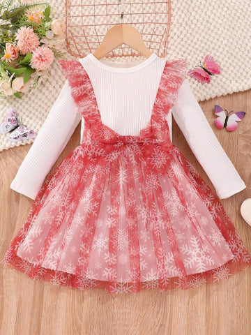 Girls Christmas Mesh Long Sleeve Dress