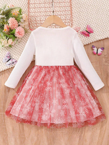Girls Christmas Mesh Long Sleeve Dress