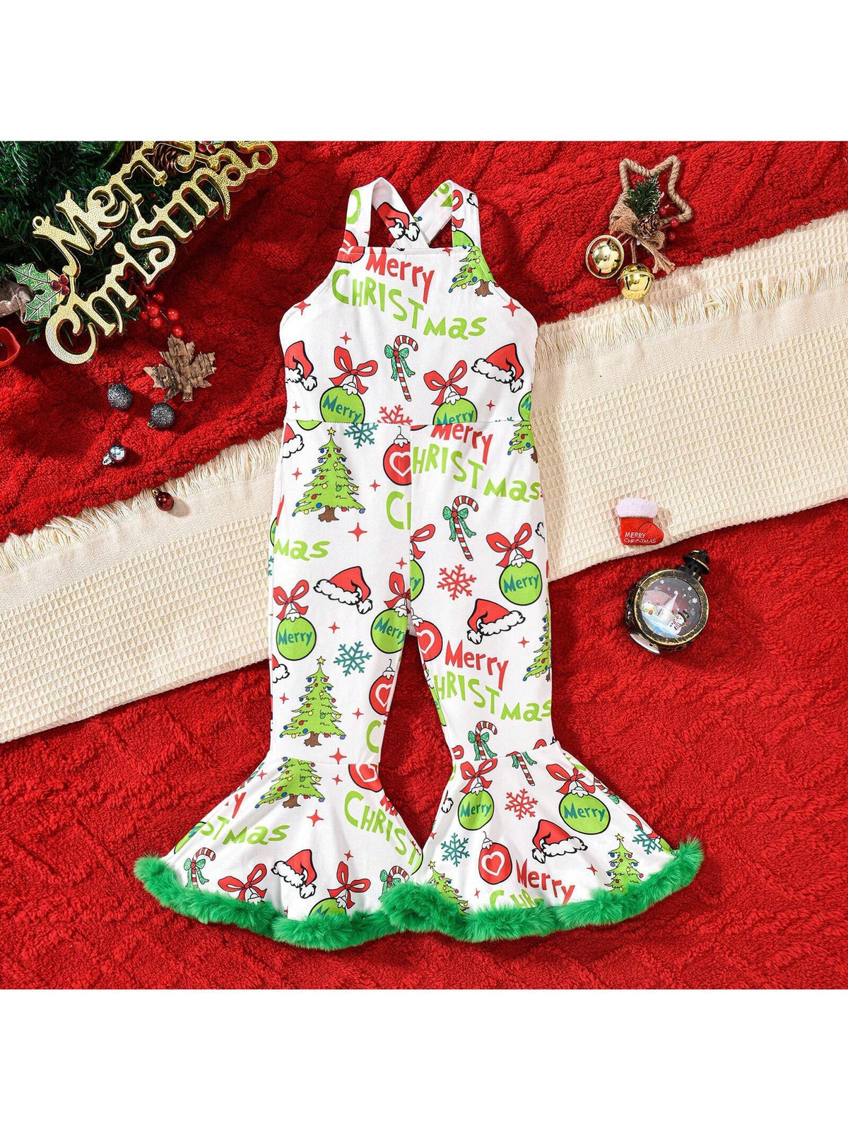 Girls Christmas Party Outfit Furry Trim Printed Flare Bib Overalls
