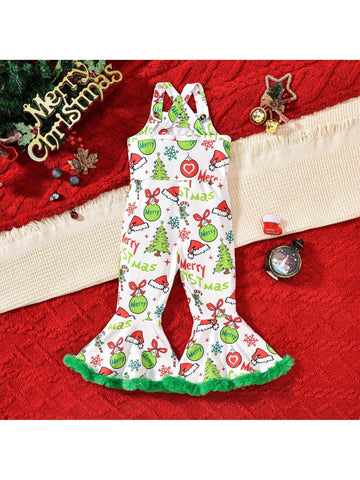 Girls Christmas Party Outfit Furry Trim Printed Flare Bib Overalls
