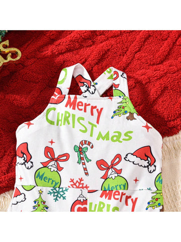 Girls Christmas Party Outfit Furry Trim Printed Flare Bib Overalls